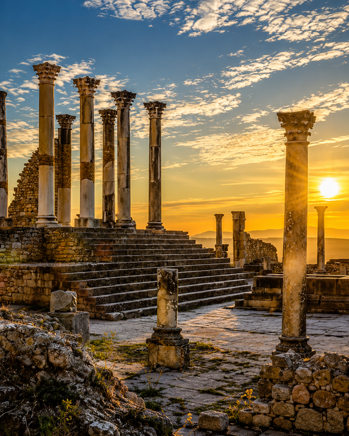 Ancient columns at Volubilis in warm evening light