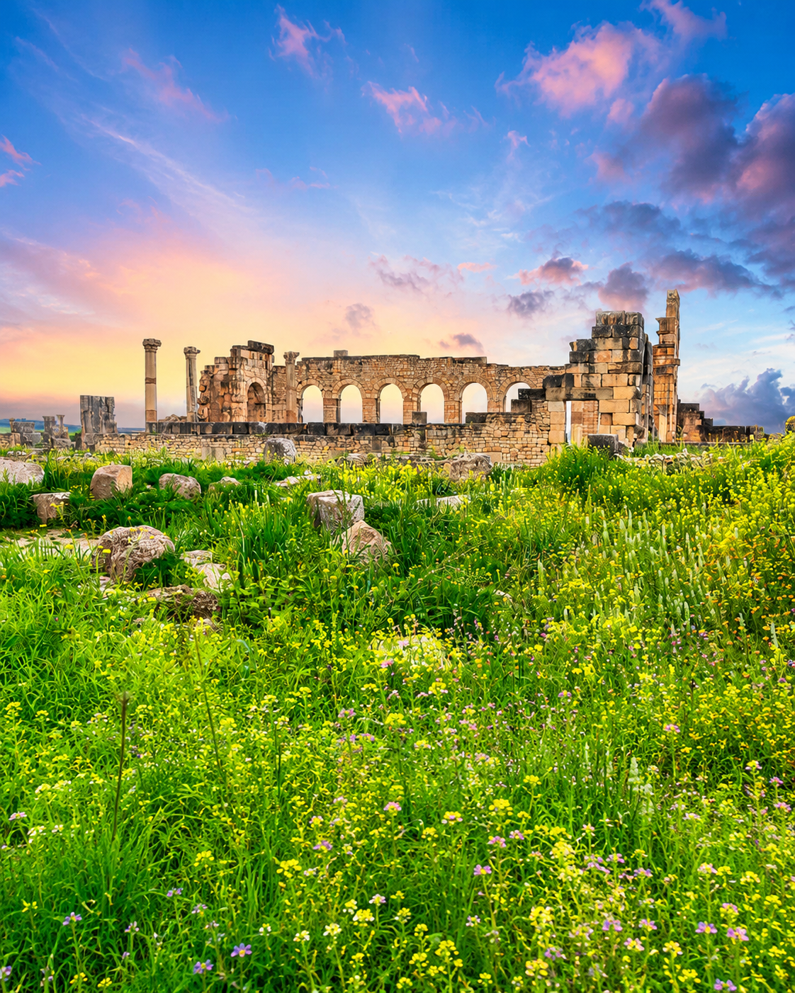 Green fields and ruins across the wider Zerhoun landscape near Volubilis