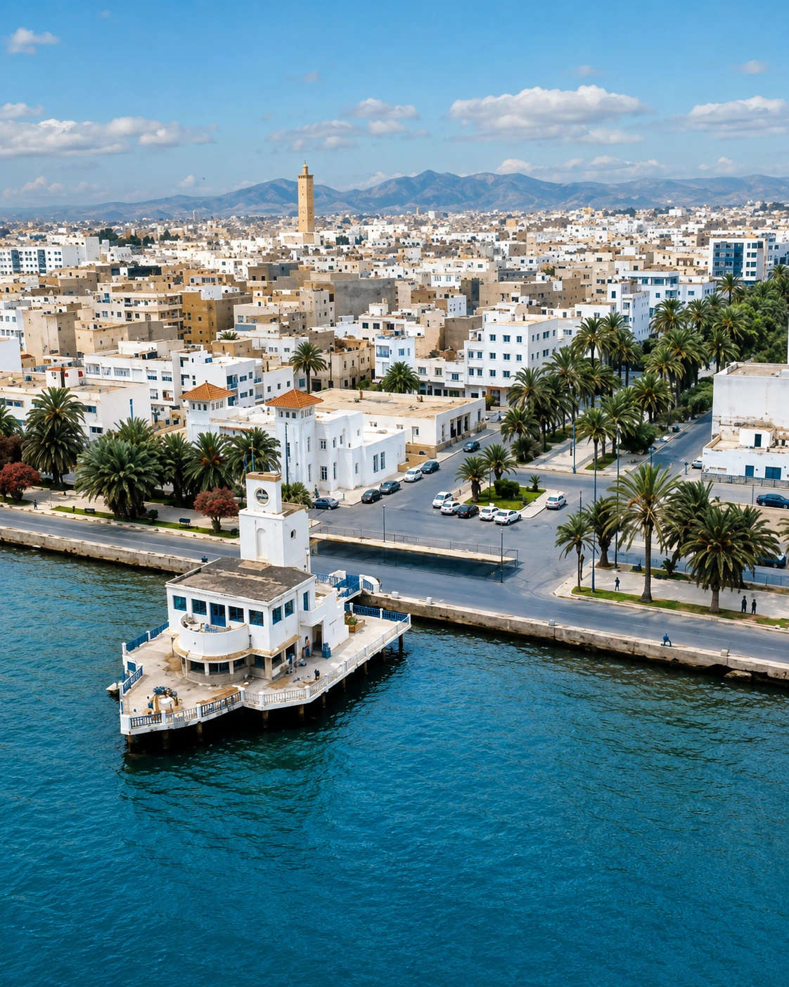 Nador waterfront with white city blocks, palm trees, clock tower and Rif mountains beyond Marchica Lagoon