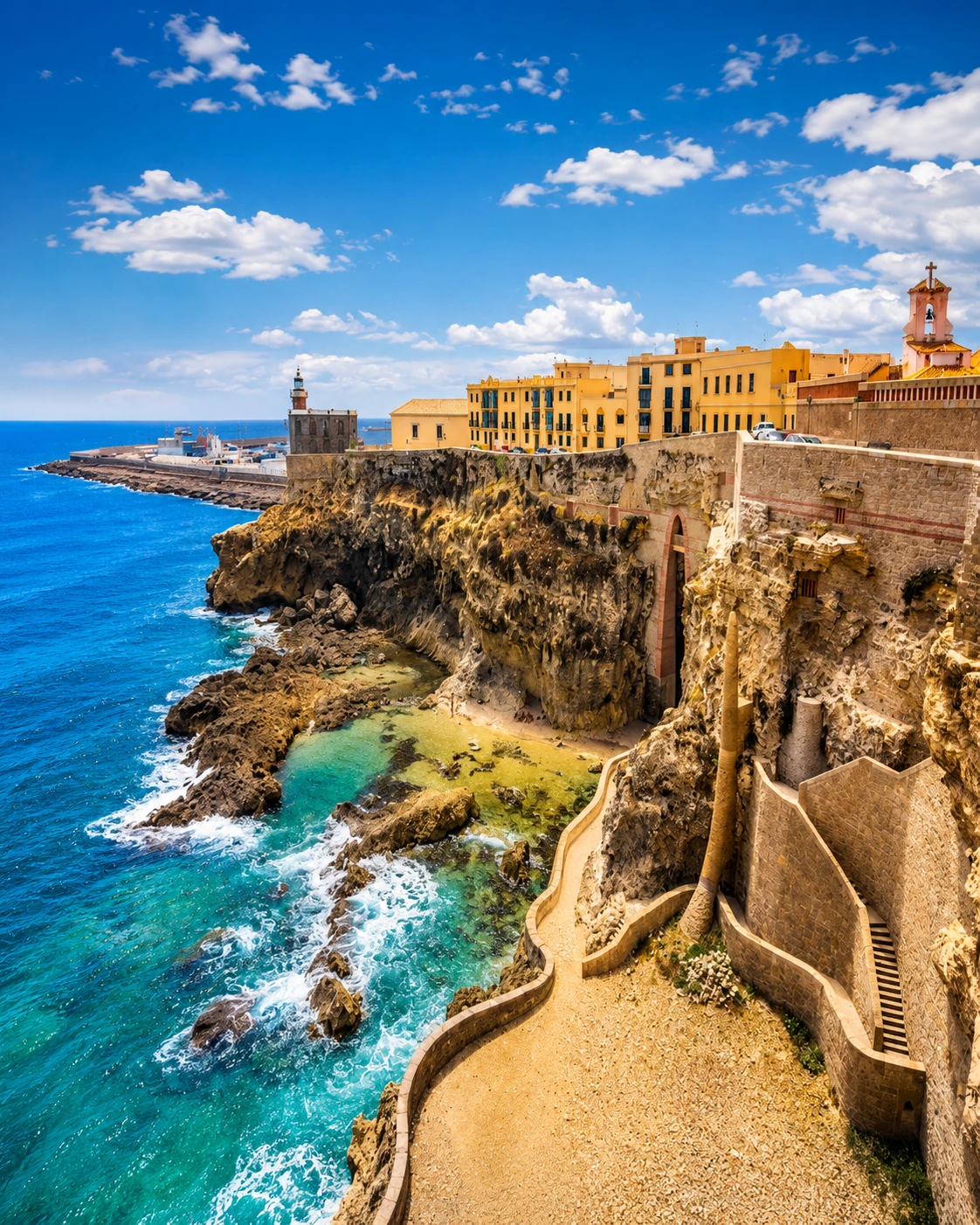 Mediterranean cliffs, lighthouse and blue sea in the coastal landscape near Nador