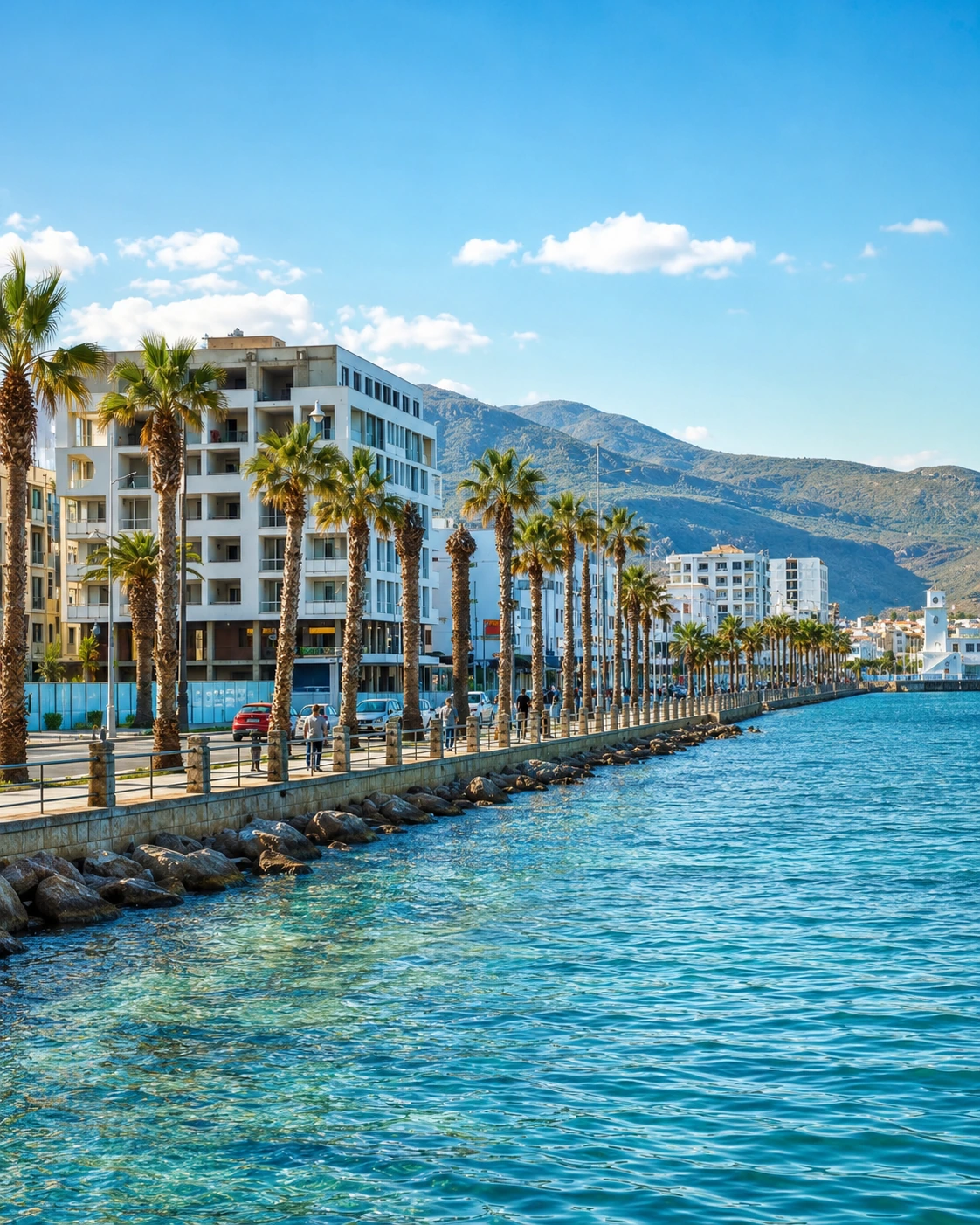 Nador corniche lined with palms, modern waterfront buildings and Rif mountain backdrop