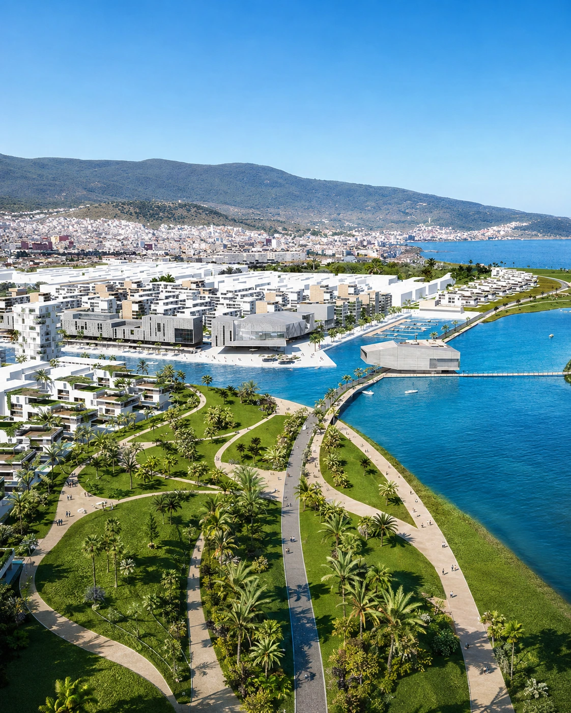 Marchica lagoon development, palm-lined promenades and Nador city against the Eastern Rif