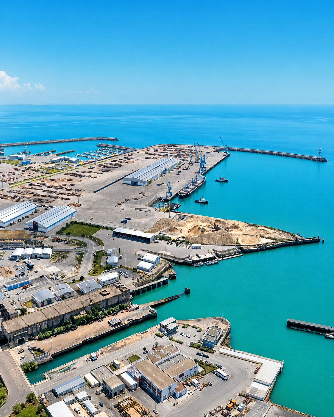 Port of Nador and working harbour basins beside clear Mediterranean water