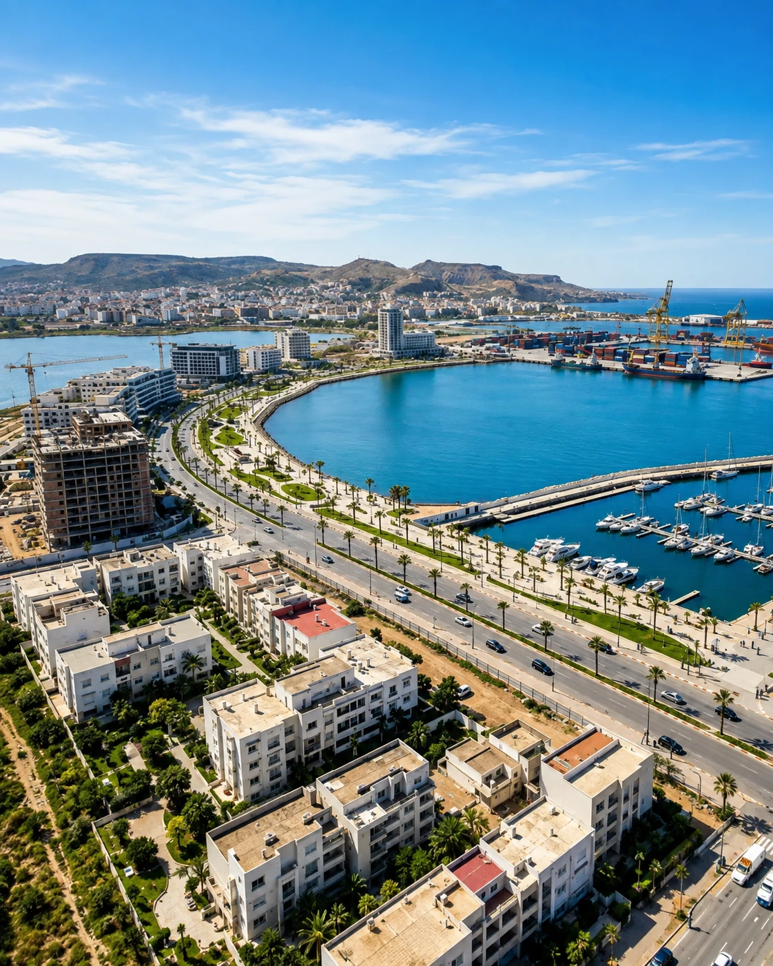 Nador marina and waterfront district with the port and hills in the distance