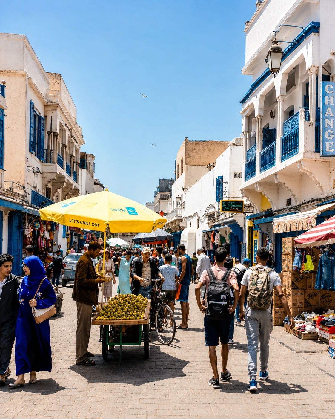 Busy Nador souk street with market stalls, blue shutters and everyday movement
