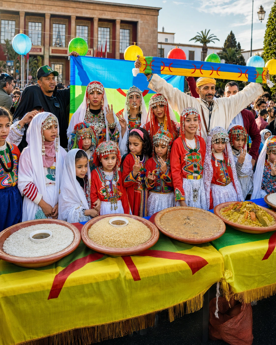 Amazigh Rif cultural gathering with traditional dress, food and flag colors