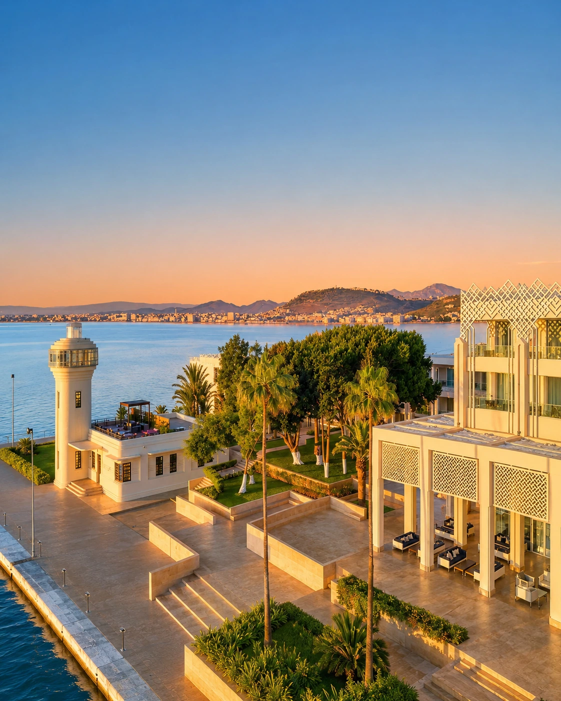 Lagoonfront hotel architecture, garden terraces and evening light in Nador