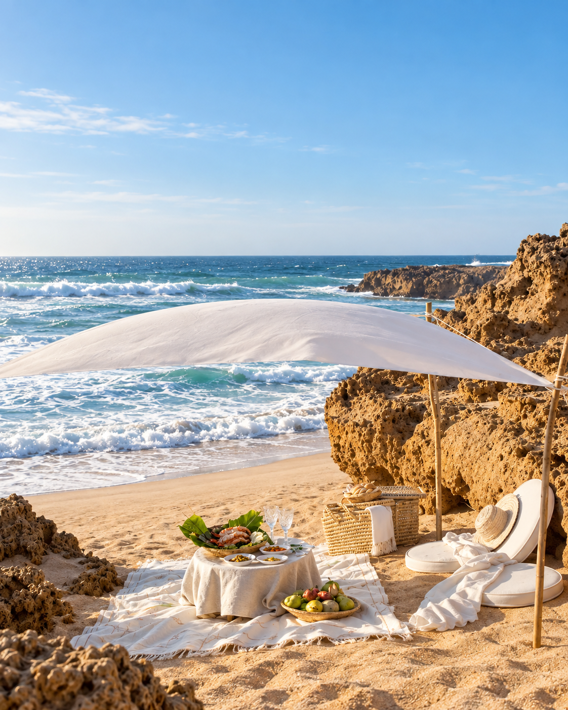 Atlantic surf and rocky shore beside a beachside dining setting in Oualidia