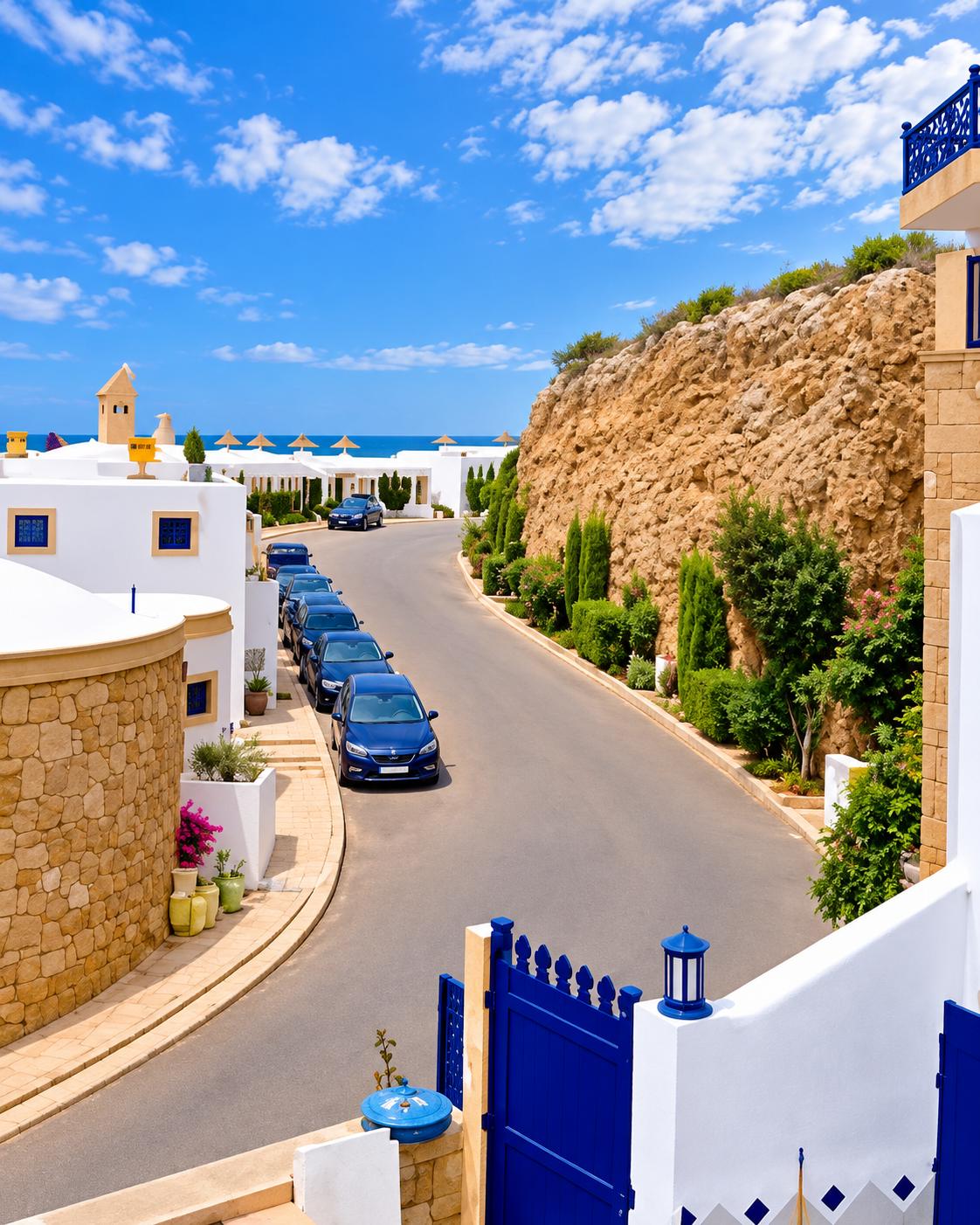 White and blue houses beside a stone wall on a lane towards the Atlantic in Oualidia
