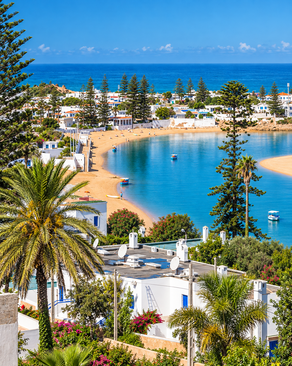 Oualidia lagoon, golden beach, white houses and palms seen from above