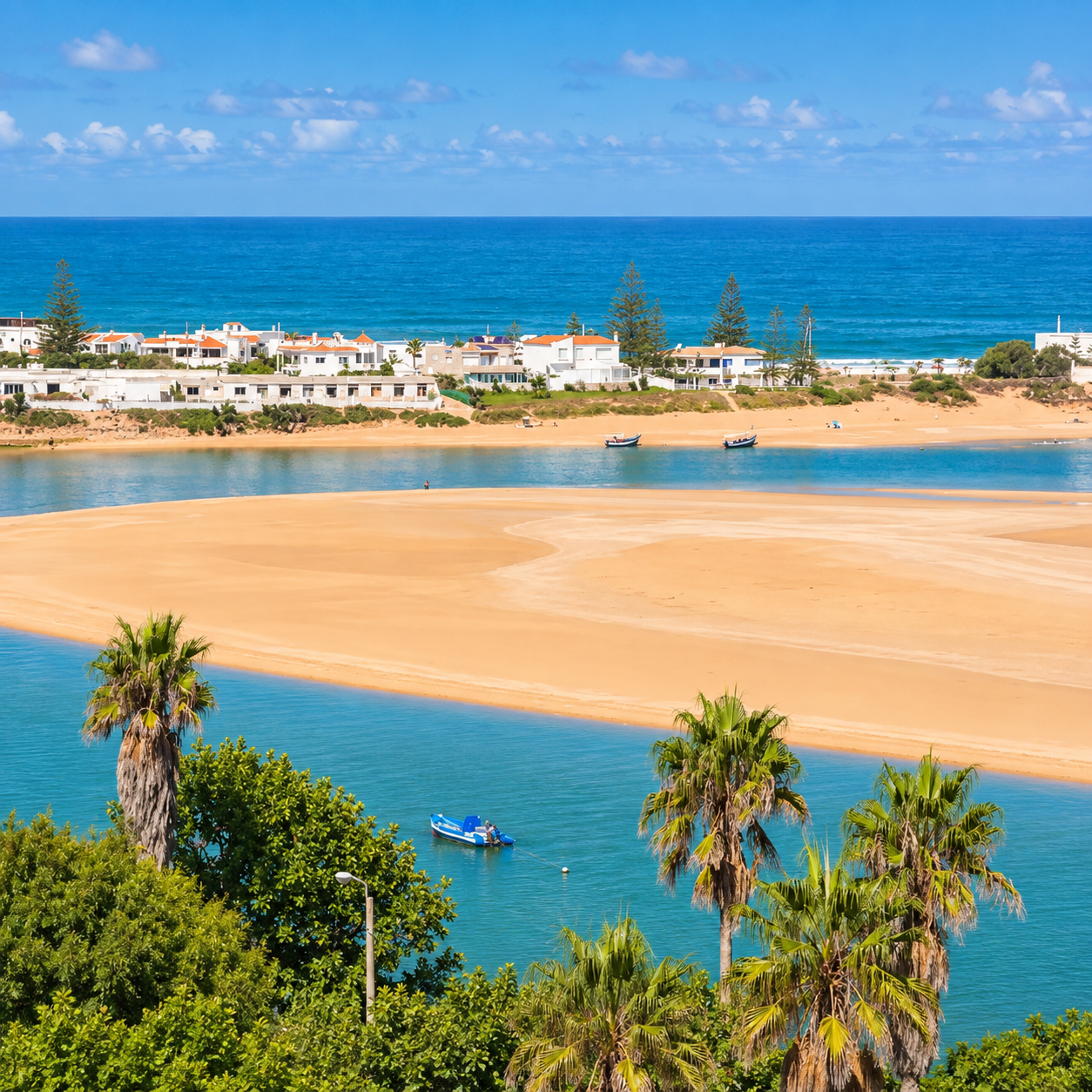Oualidia lagoon channels and golden sandbank, with palms, boats and white shoreline houses