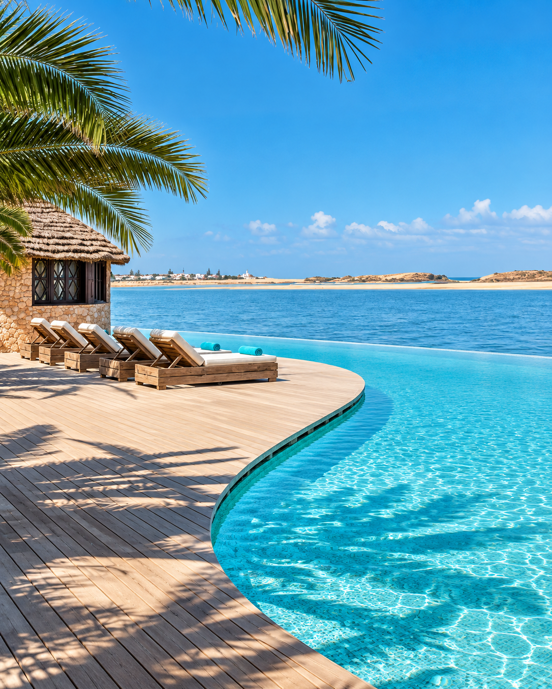 Terrace and pool overlooking the sheltered water of Oualidia lagoon