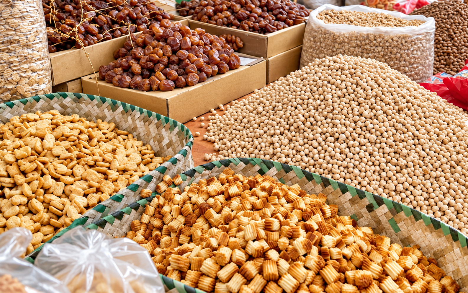 Dates, chickpeas and woven baskets of dried foods at a market display