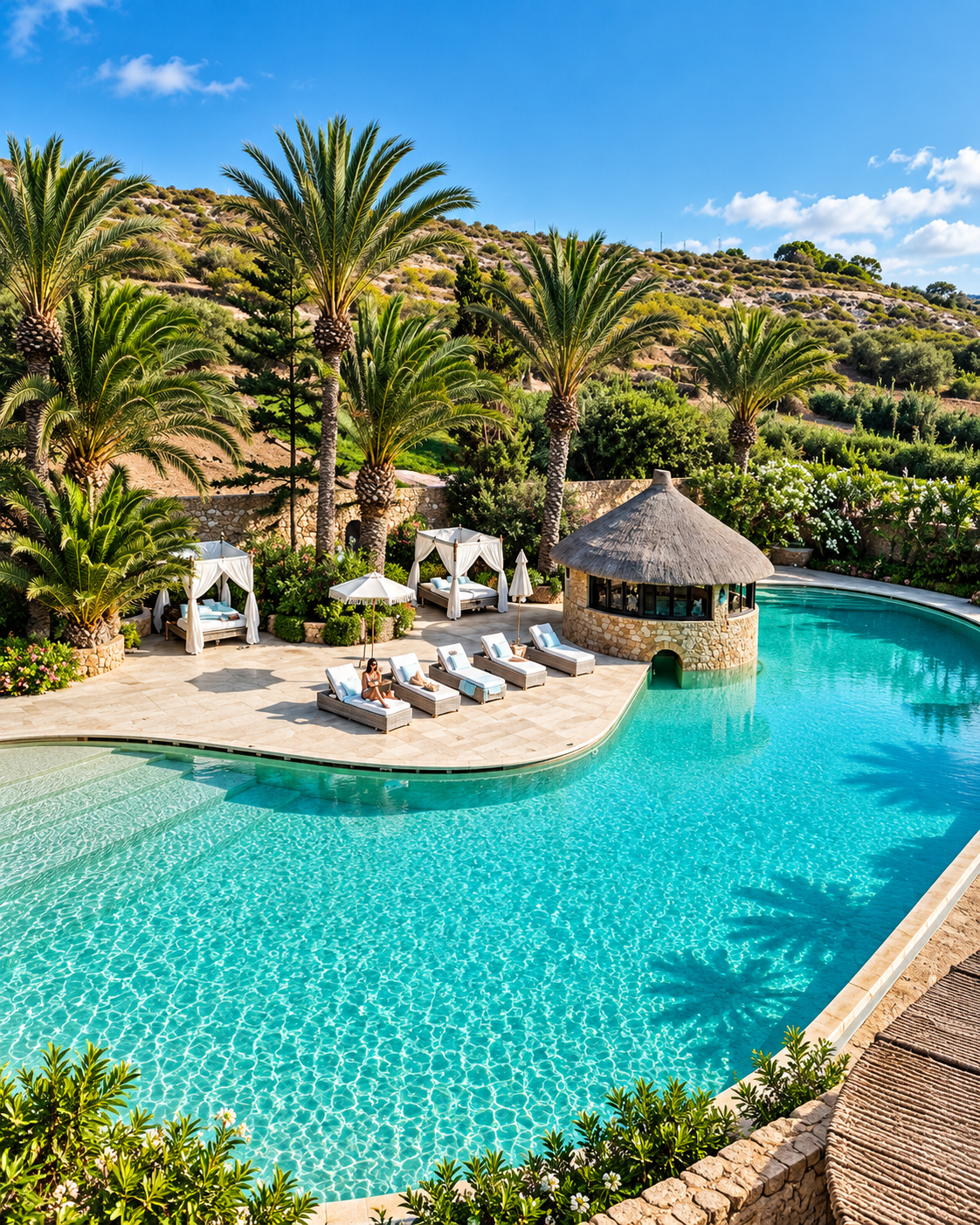 Curved pool and palm gardens at a coastal hotel in Oualidia