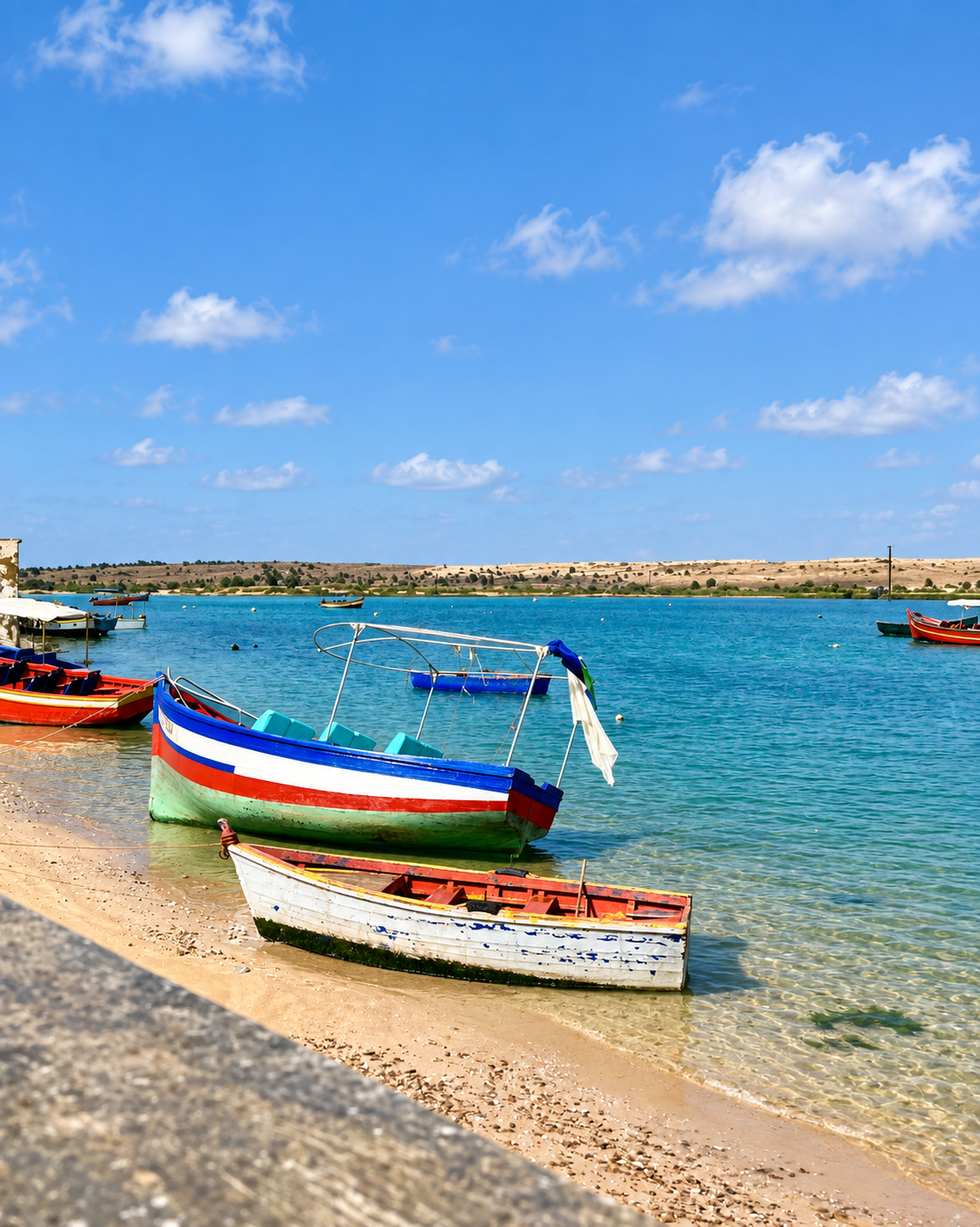 Colourful wooden boats resting on the sandy shore of Oualidia lagoon