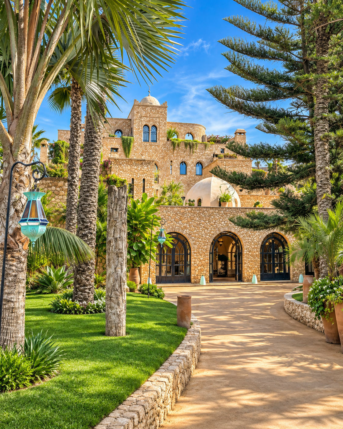 Stone hotel architecture and a garden path framed by palms in Oualidia