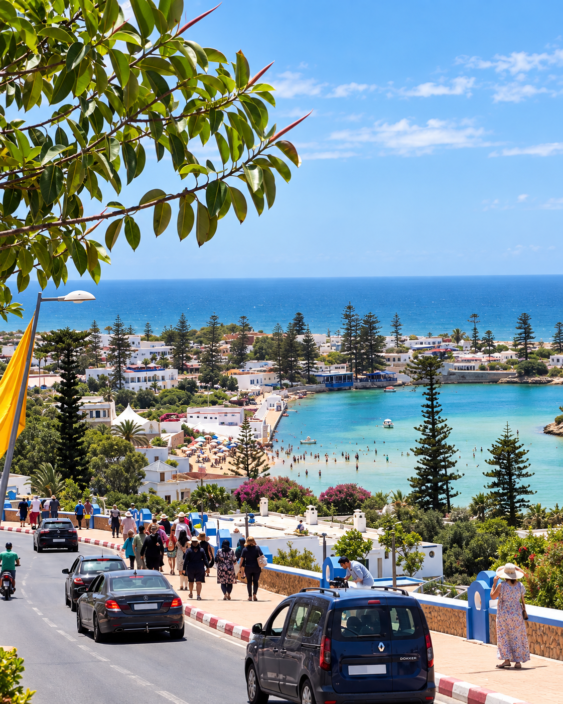 Oualidia street descending towards the lagoon, beach and white coastal houses