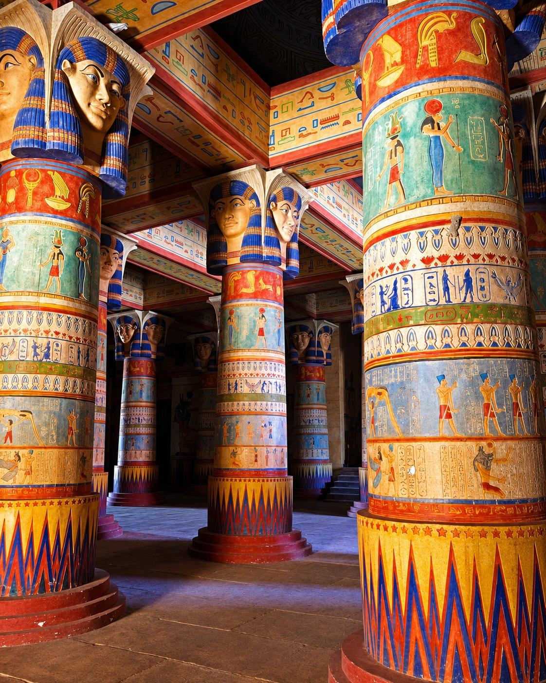 Colourful pharaonic-style film-set columns in Ouarzazate