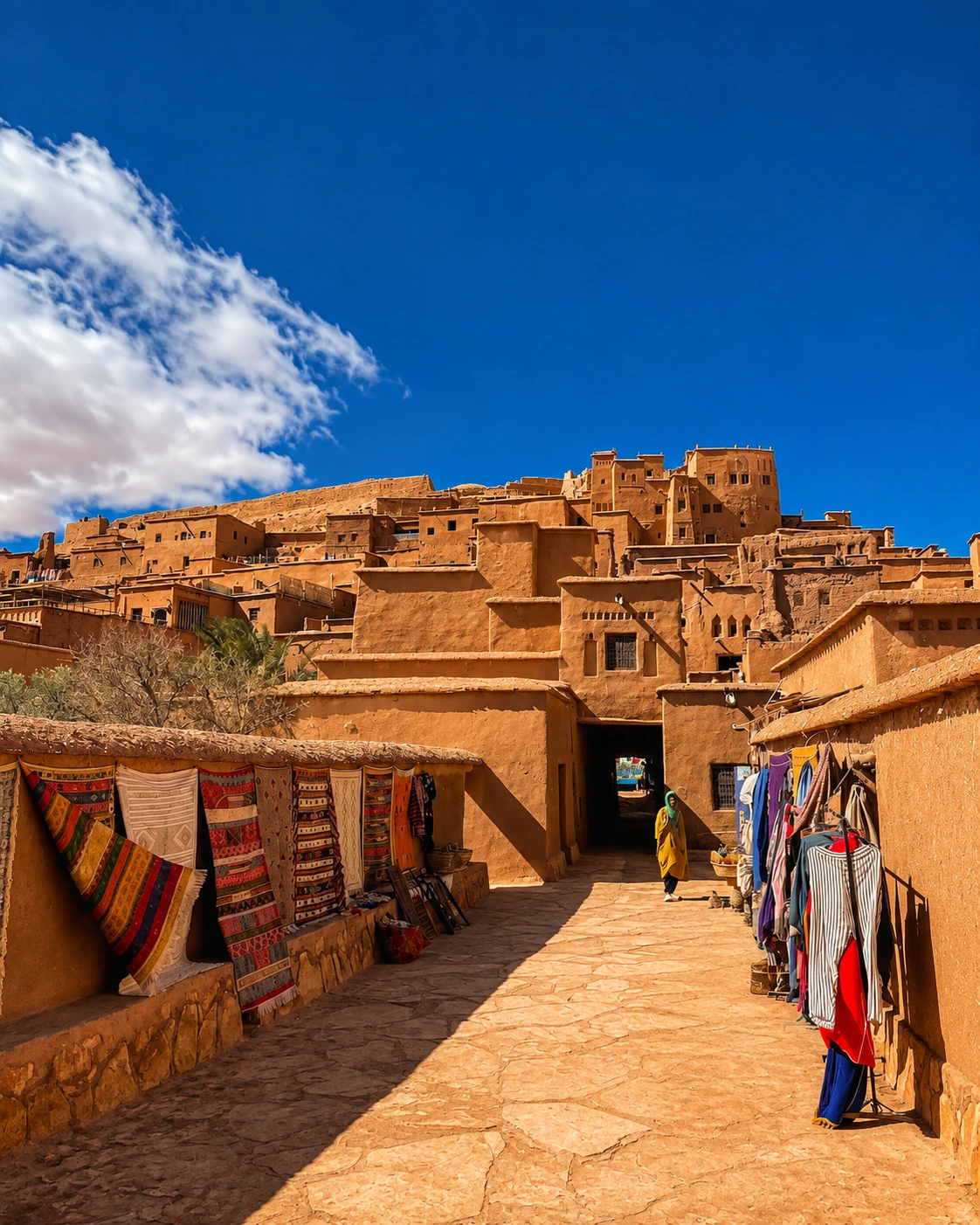 Kasbah lane with textiles and earthen architecture in the Ouarzazate region
