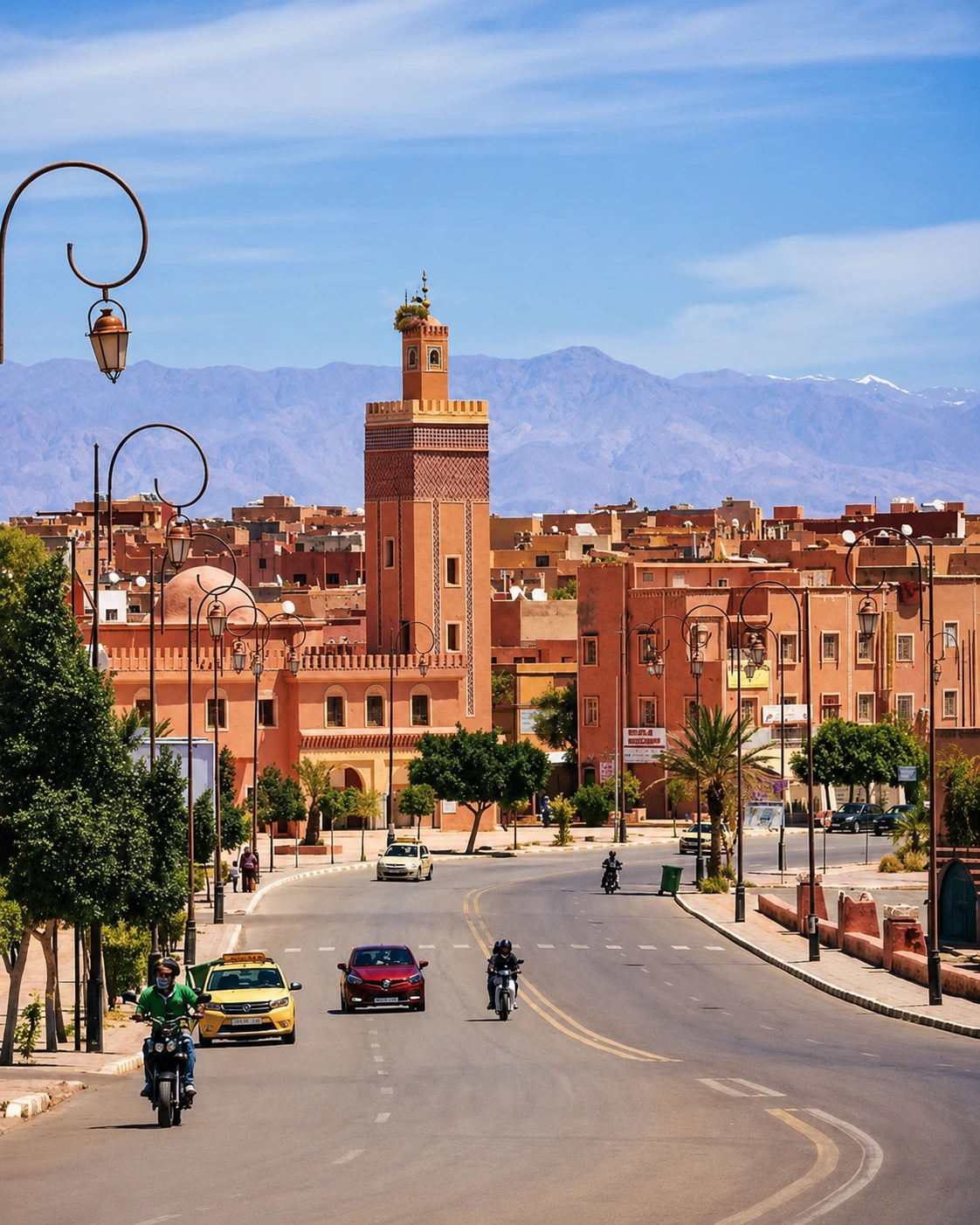 Ouarzazate town avenue with mosque and mountain backdrop
