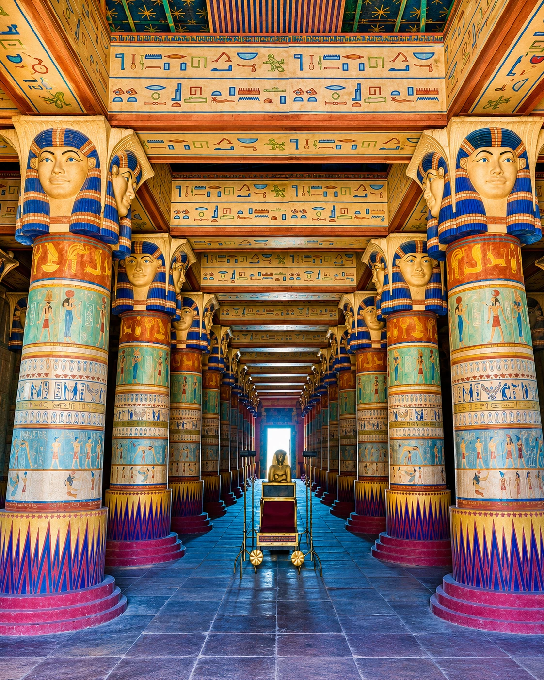 Symmetric pharaonic-style film-set hall in Ouarzazate