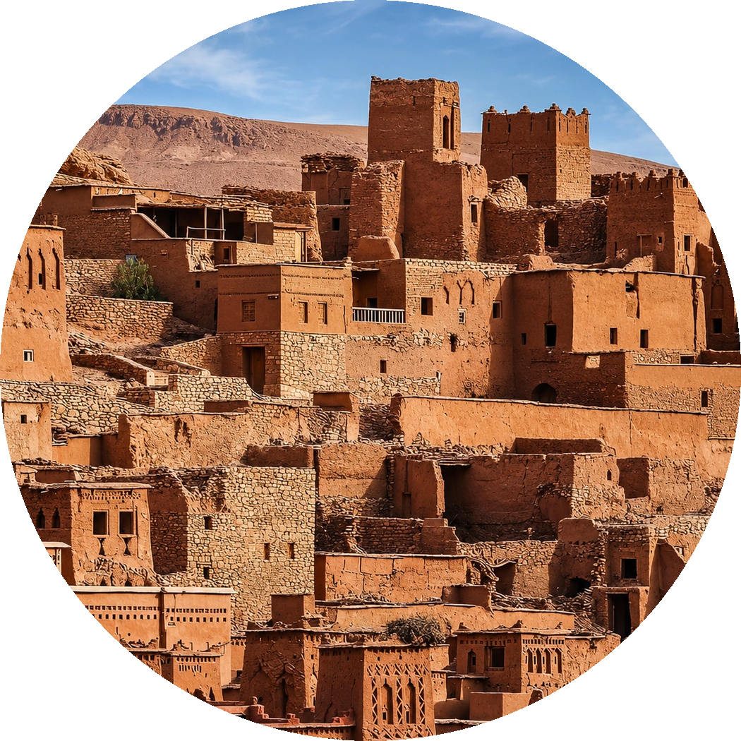 Earthen kasbah buildings rising in layers in the Ouarzazate region