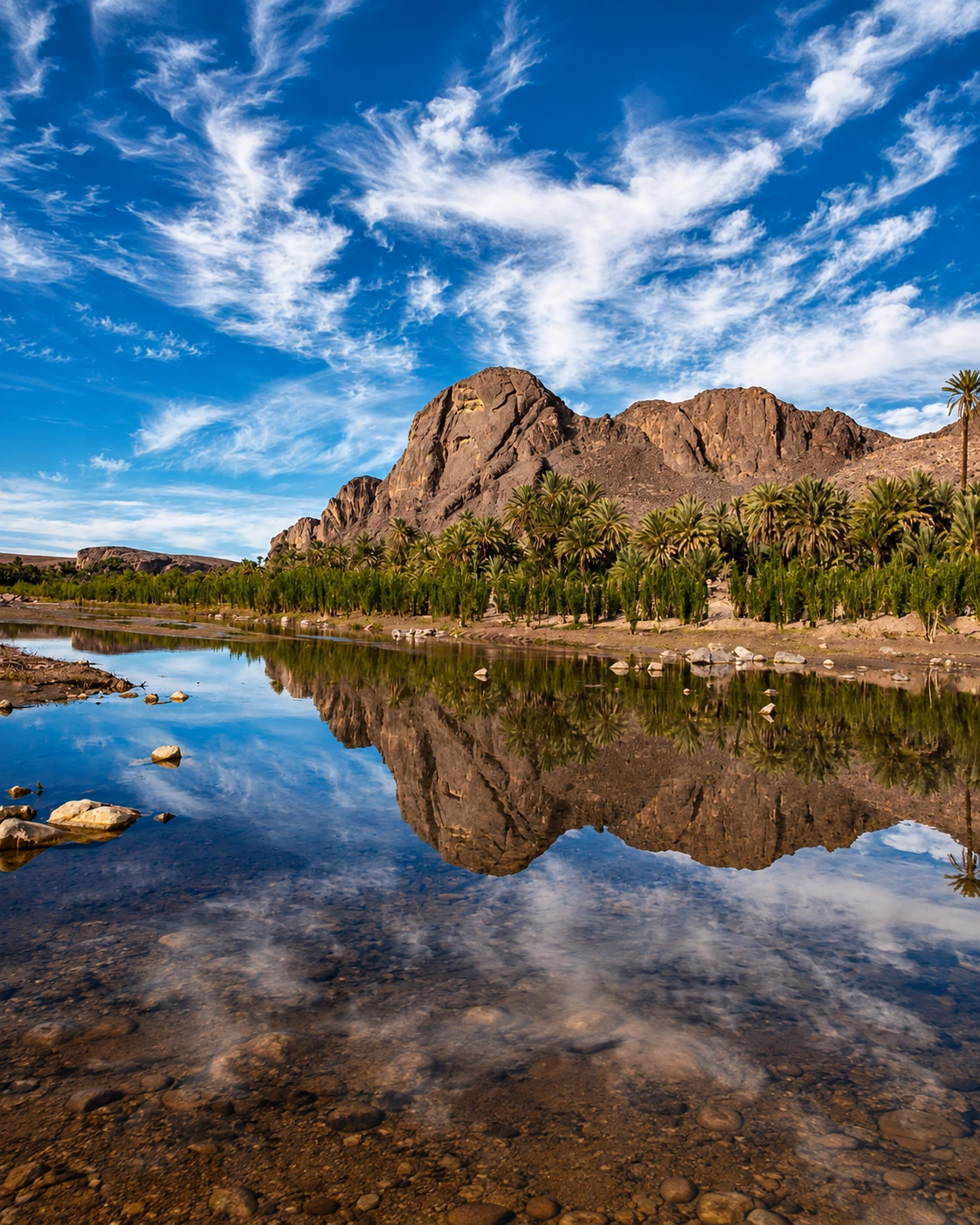 Reflective oasis and mountain landscape near Ouarzazate