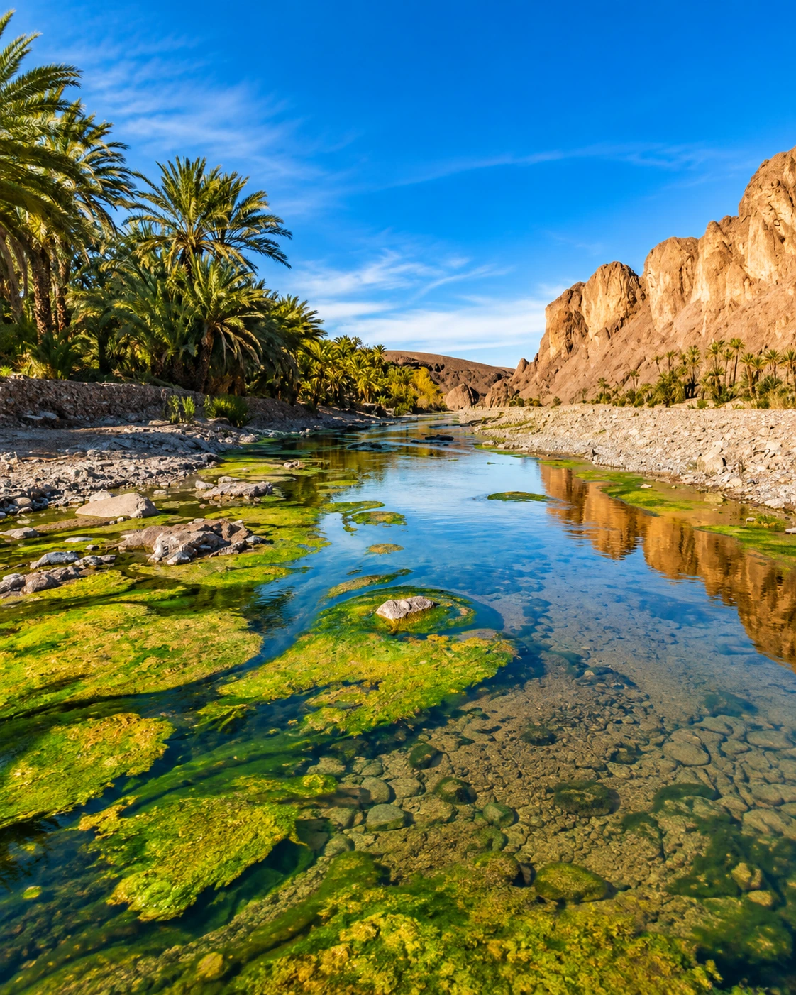 Clear river and palms between rocky slopes near Ouarzazate