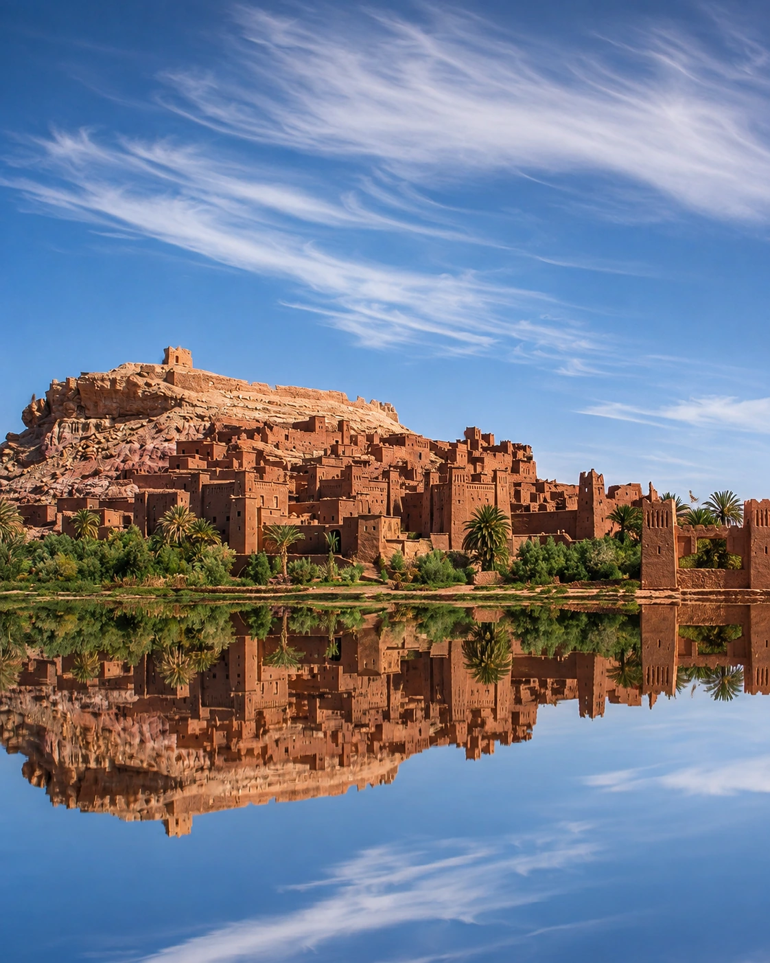 Aït Ben Haddou reflected in still water near Ouarzazate