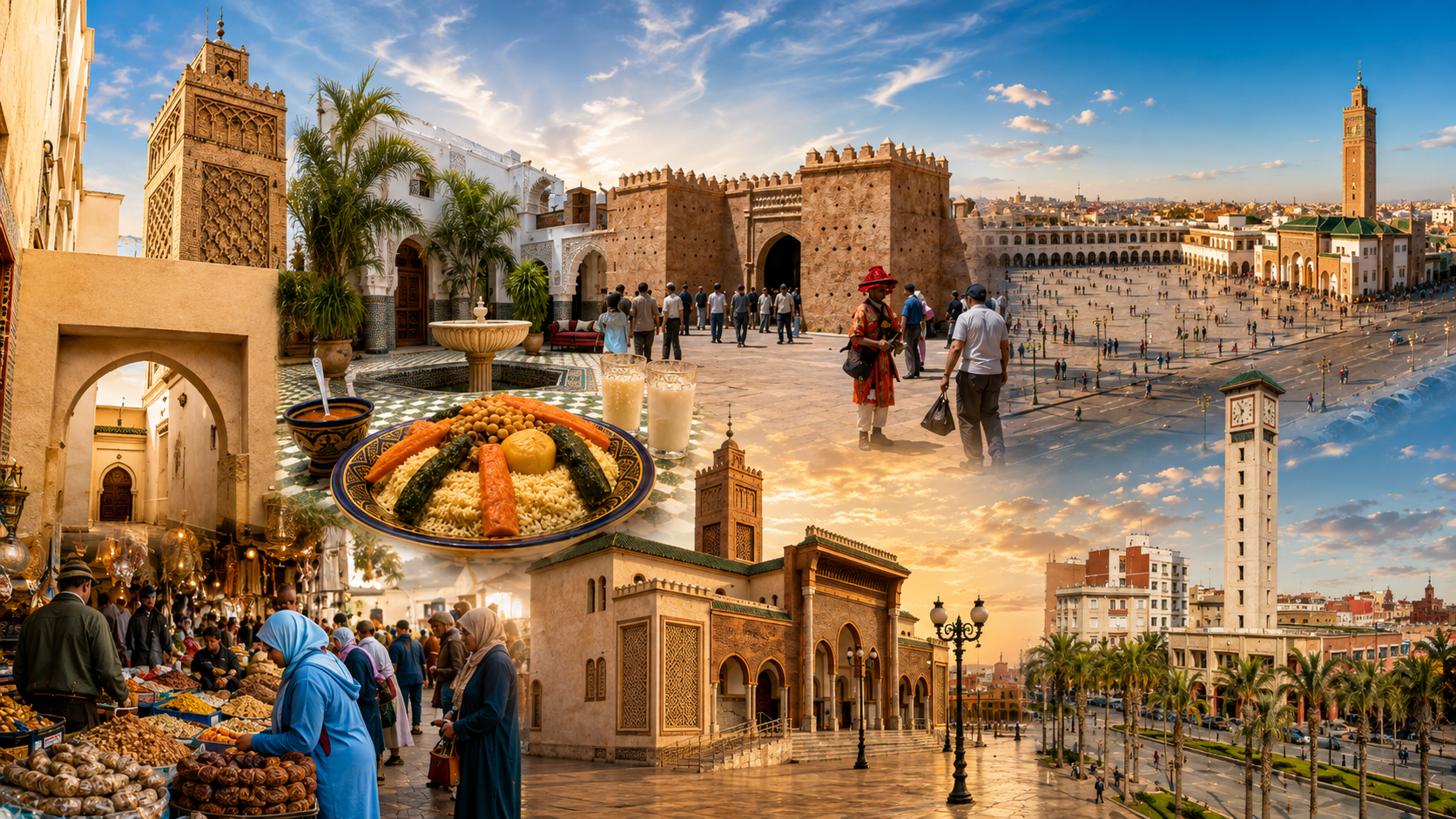 Editorial hero collage of Oujda gates, medina atmosphere, markets and Moroccan city landmarks