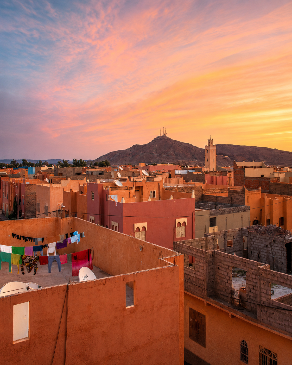 Erfoud rooftops and a minaret beneath an evening sky