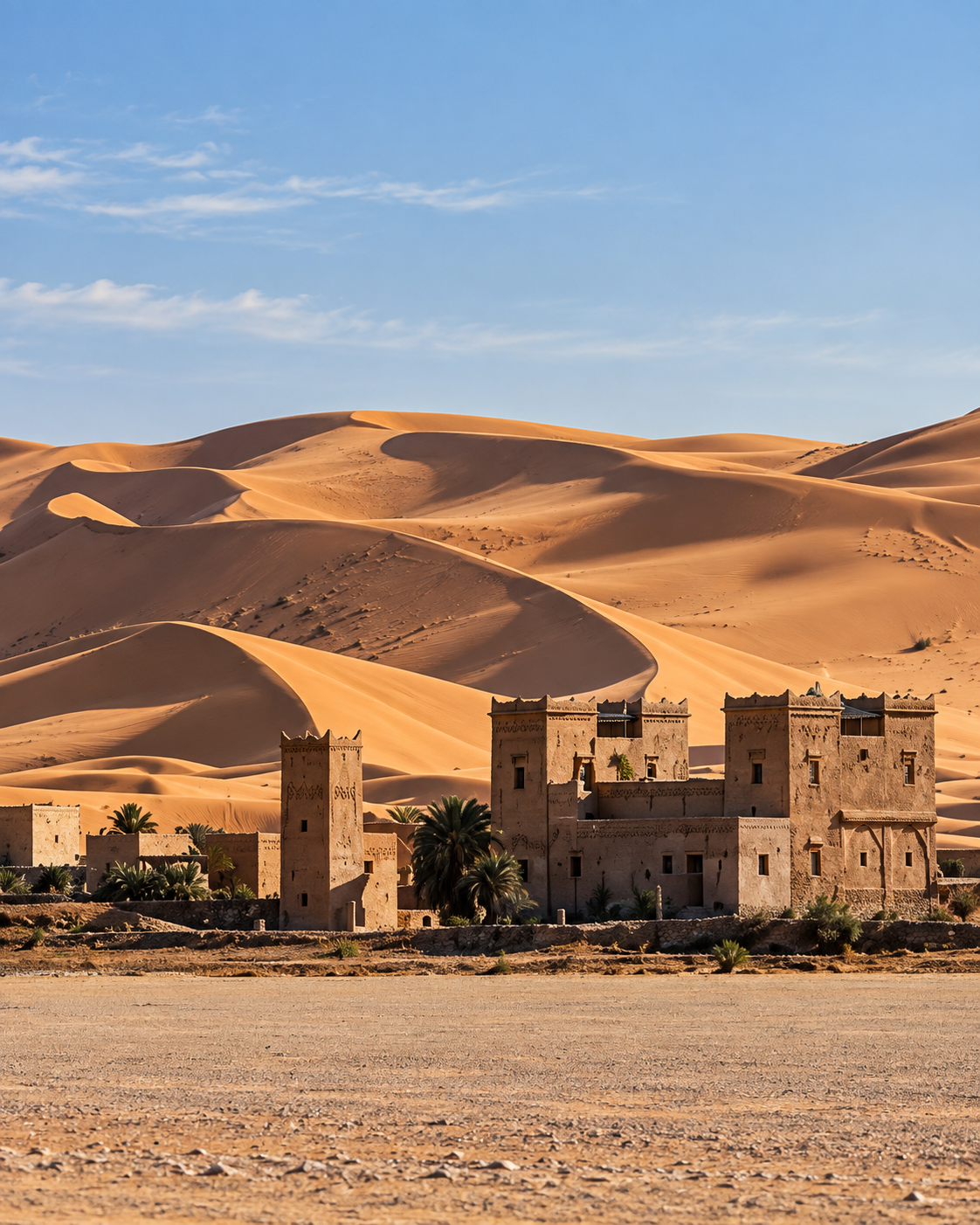 Earthen-style buildings at the edge of the Erg Chebbi dunes near Merzouga