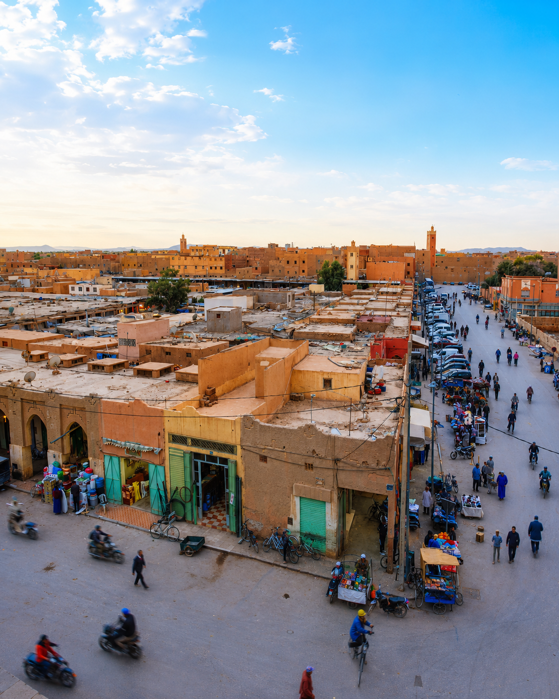 Rissani market rooftops and a busy street seen from above
