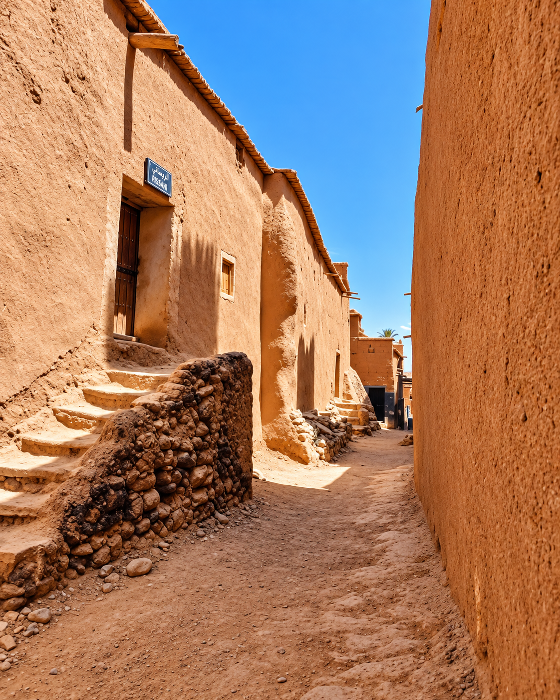 Earthen walls, rough stone steps and a narrow lane