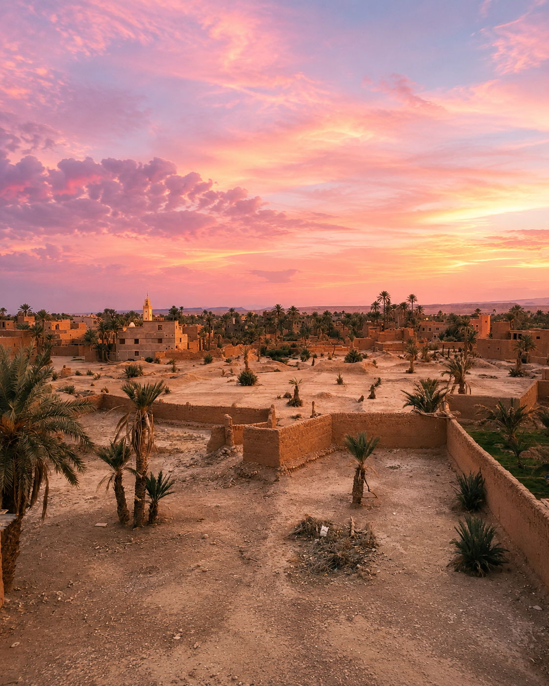 Low earthen rooftops and palms beneath an evening sky
