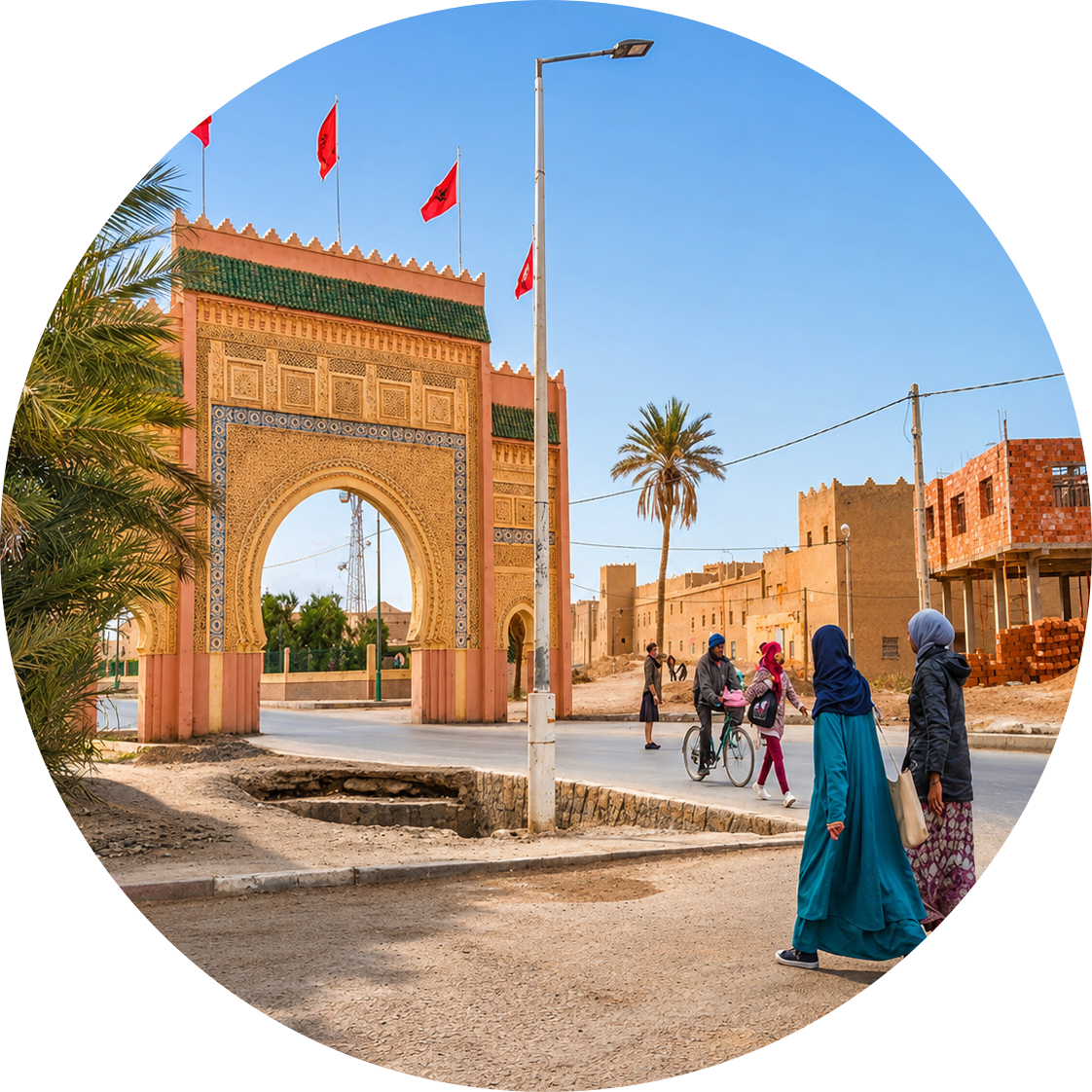 Pedestrians beside the decorated Rissani gateway