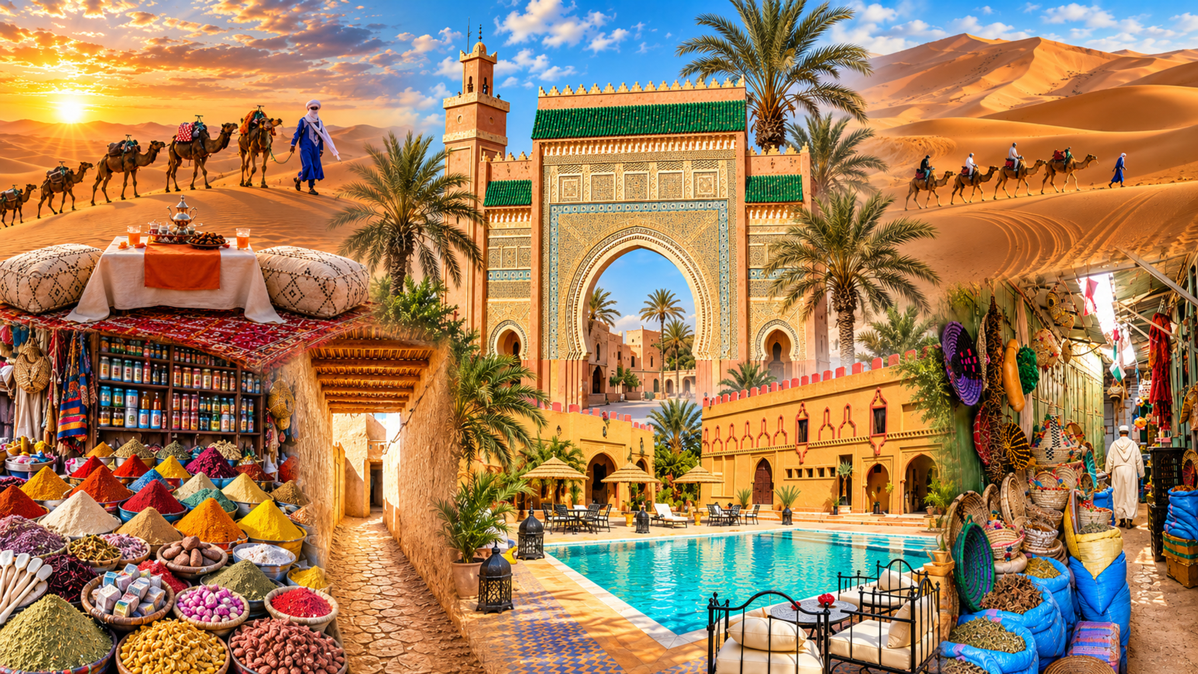 Visual collage of the Rissani gateway, souk, oasis architecture and desert excursions