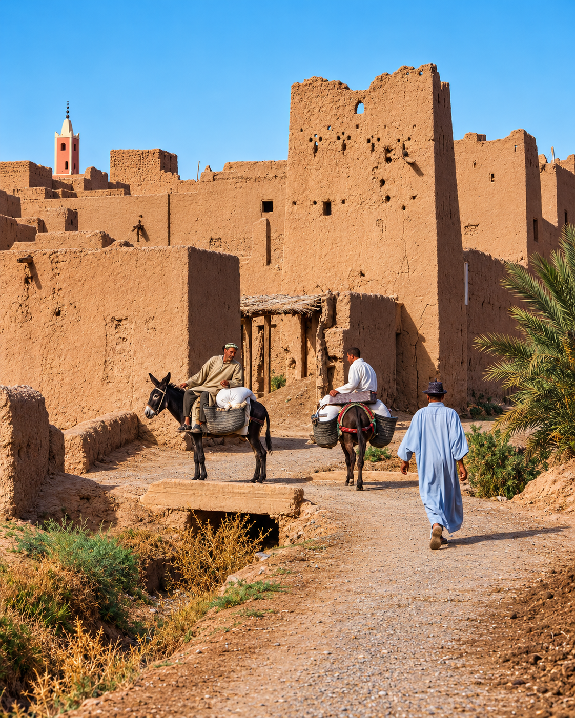 Earthen ksar walls beside a narrow path and working donkeys