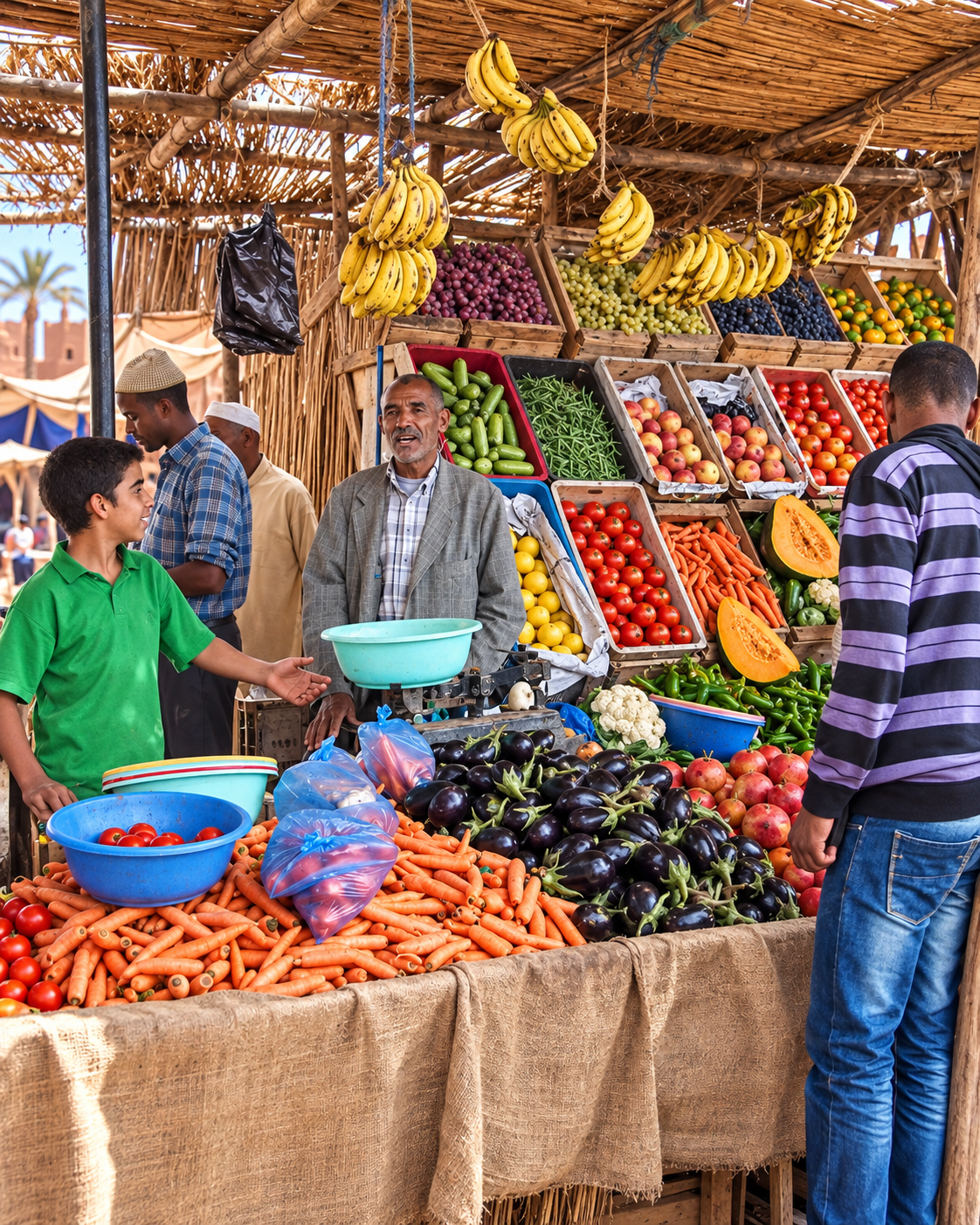 Fruit, vegetables and traders beneath a shaded market roof