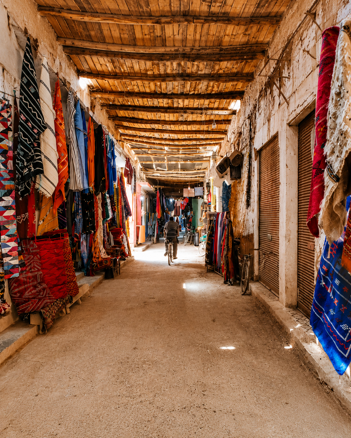 Textiles displayed beneath a timber roof in a market passage