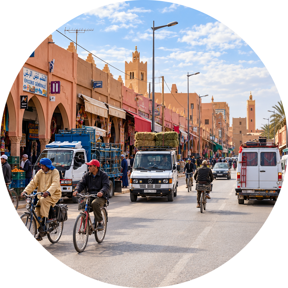Cyclists, pedestrians and shops along a Rissani street