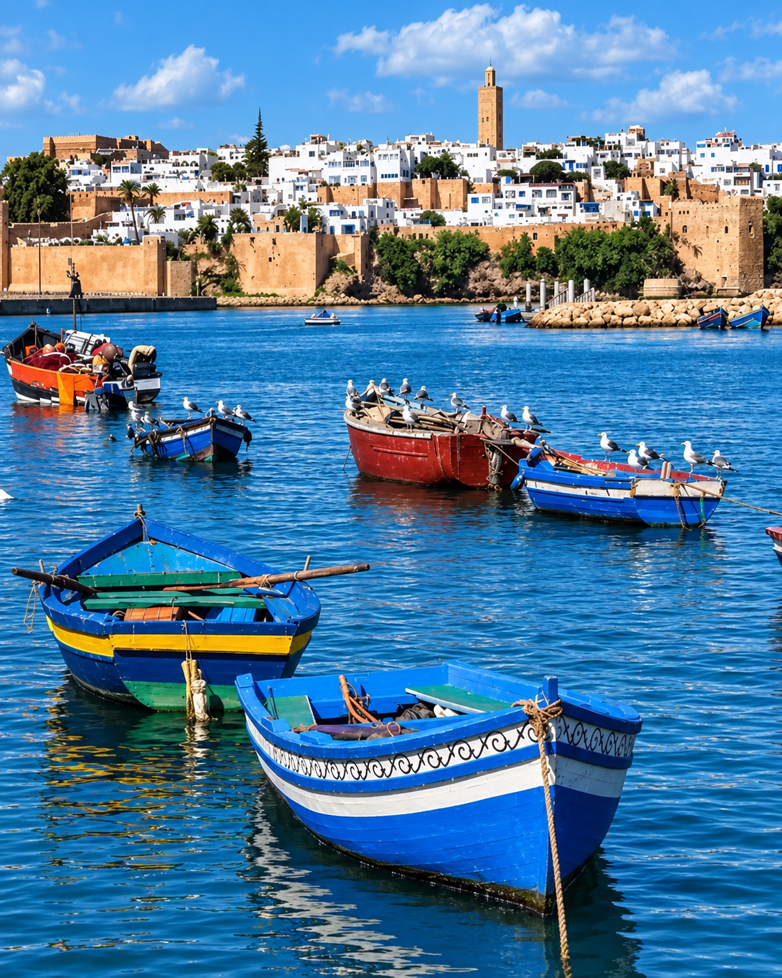Traditional boats on the Bouregreg with Rabat’s fortified riverfront beyond