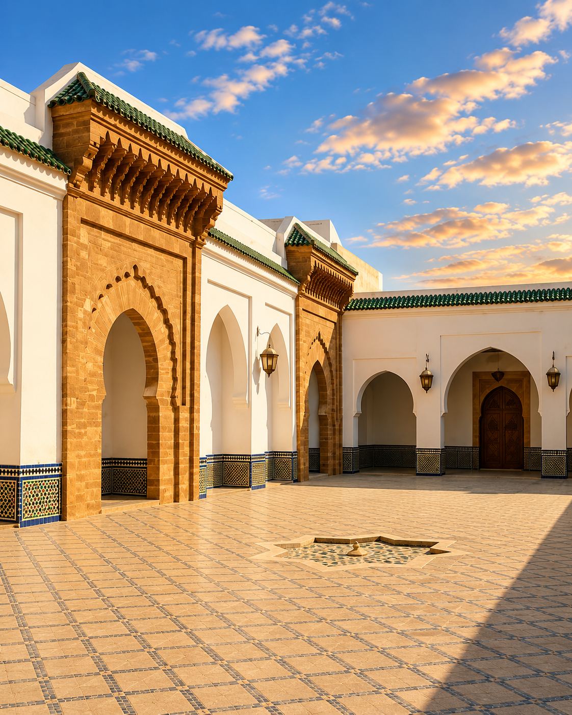 Arcaded courtyard with a carved entrance and geometric paving in Salé