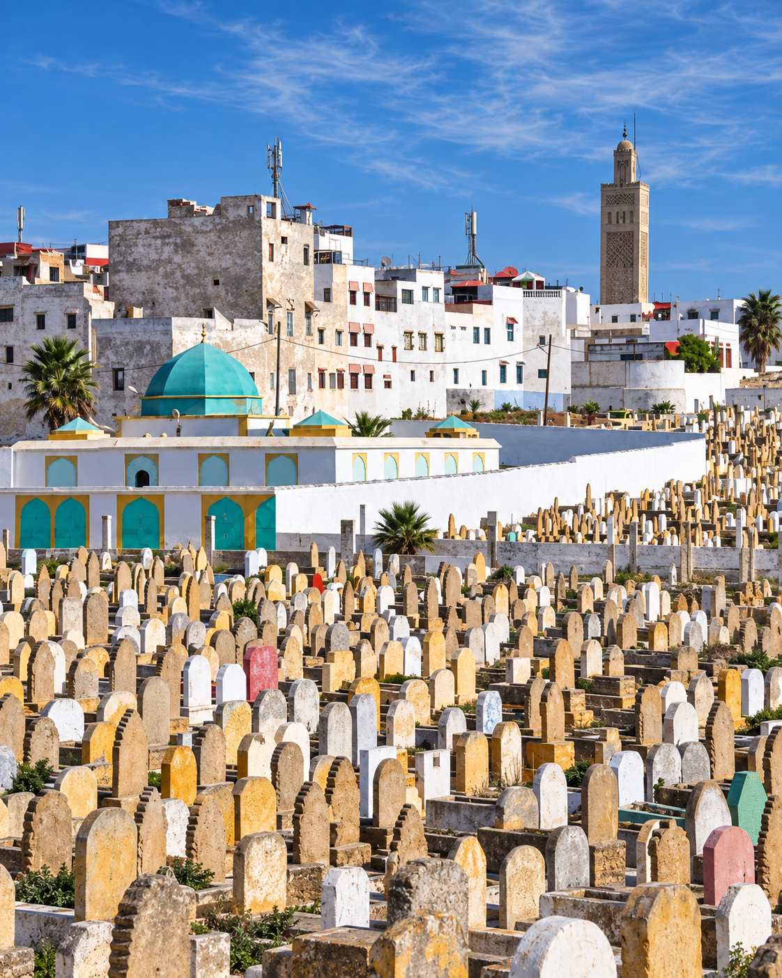 Turquoise-domed shrine among the graves and white buildings of Salé
