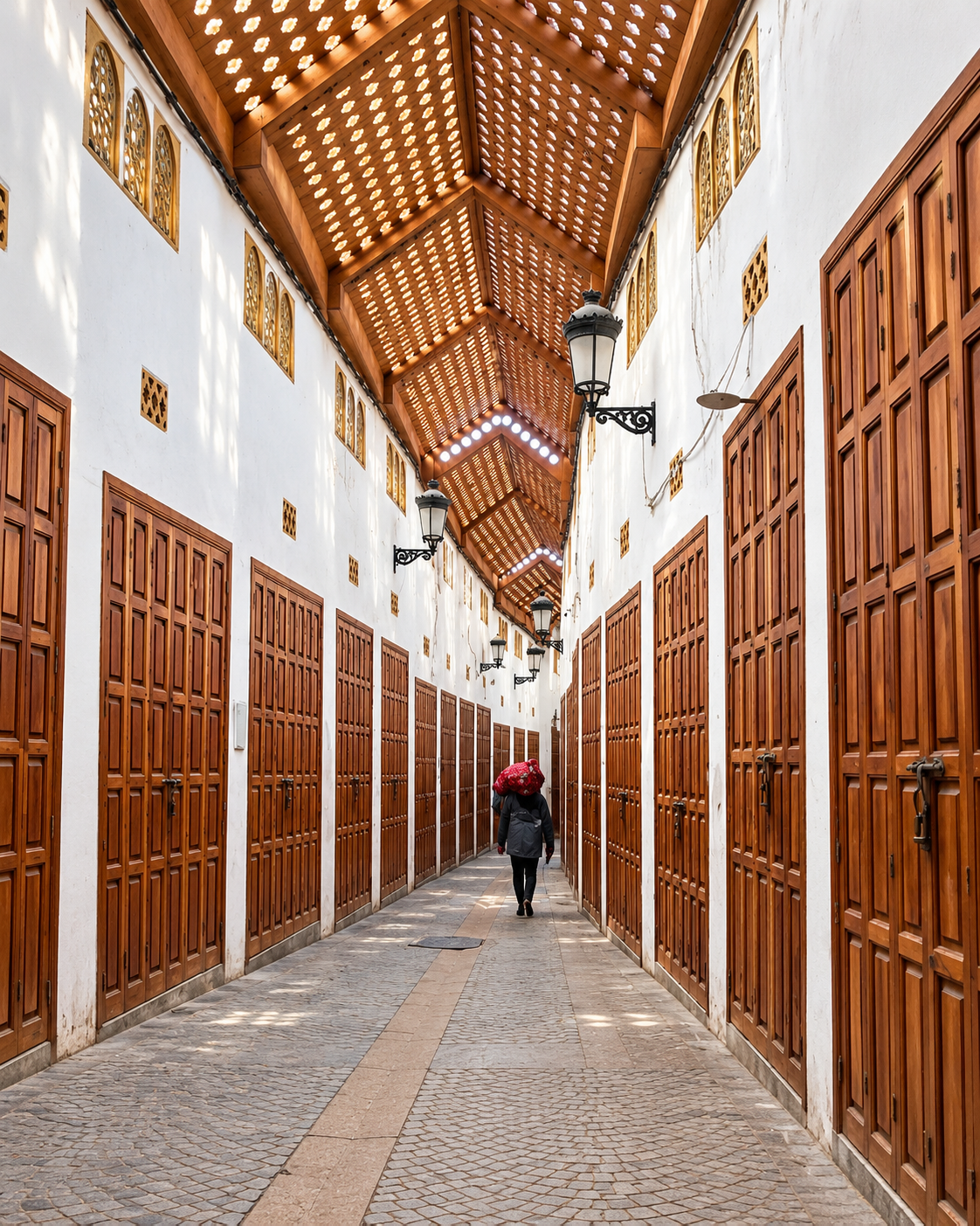 Covered market passage with rows of wooden doors in Salé