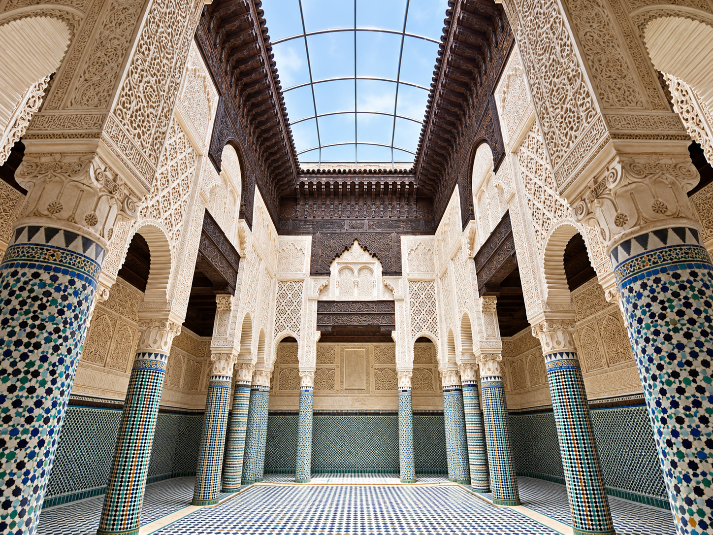 Carved stucco arches and zellige columns beneath the skylight of Salé’s Marinid Madrasa