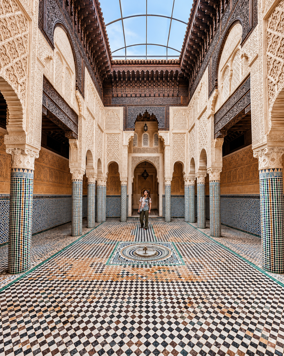 Portrait view of the Marinid Madrasa courtyard in Salé, with a fountain, tiled columns and a visitor