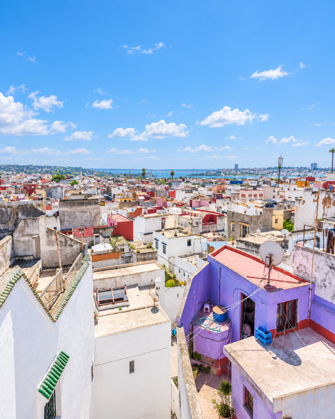 Salé rooftops, a purple terrace and the distant Atlantic horizon