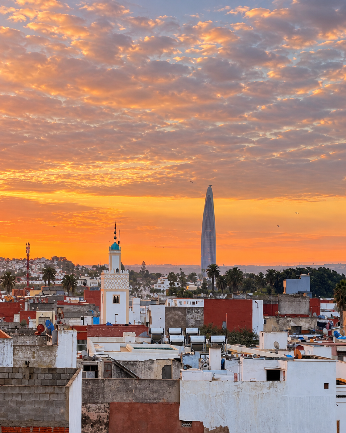 Salé rooftops and minaret at sunset with Mohammed VI Tower in the distance