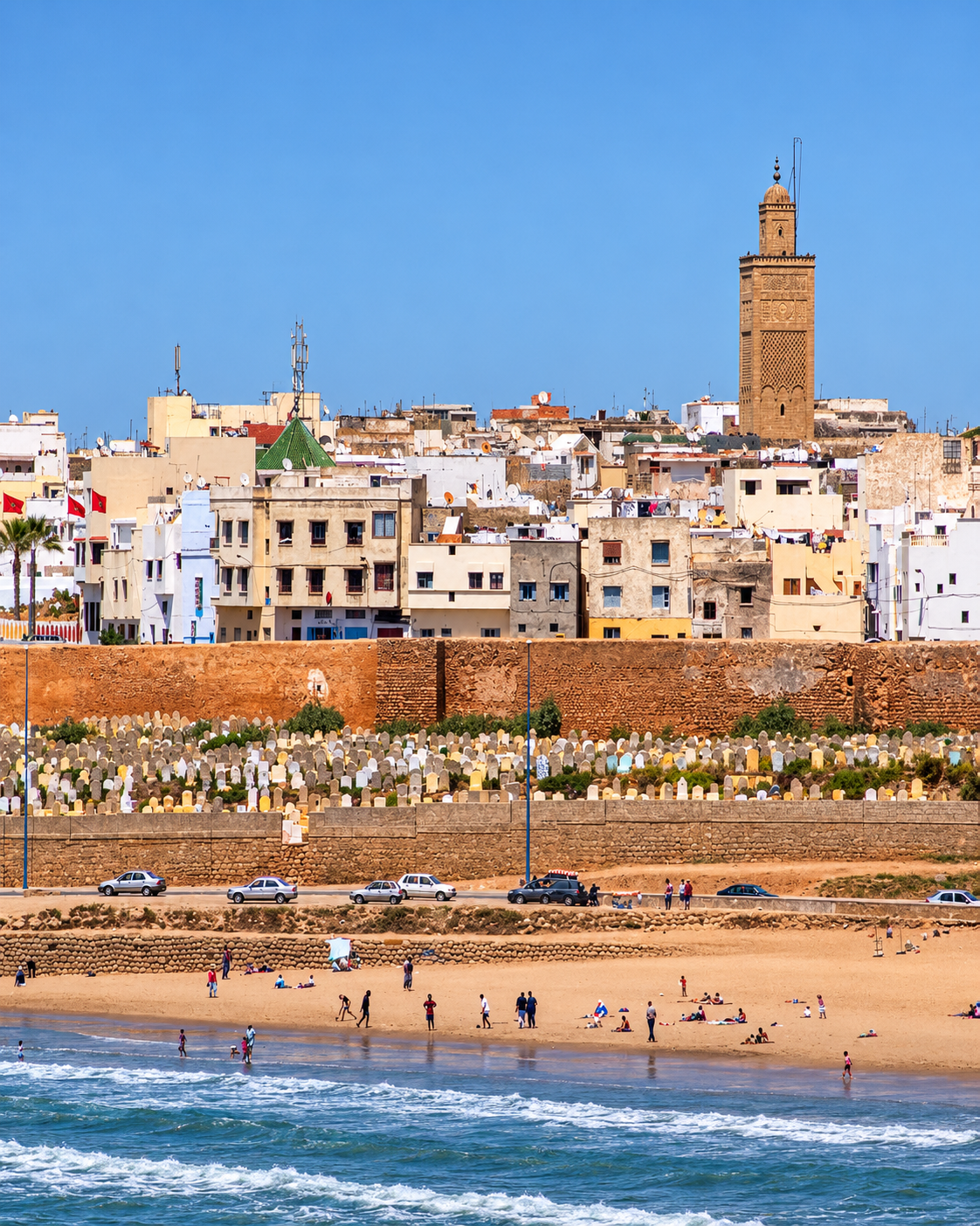 Salé waterfront, medina walls and mosque minaret
